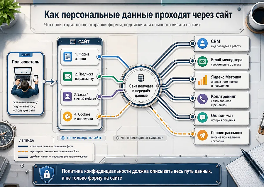Схема обработки персональных данных на сайте через формы, cookies, CRM и аналитику